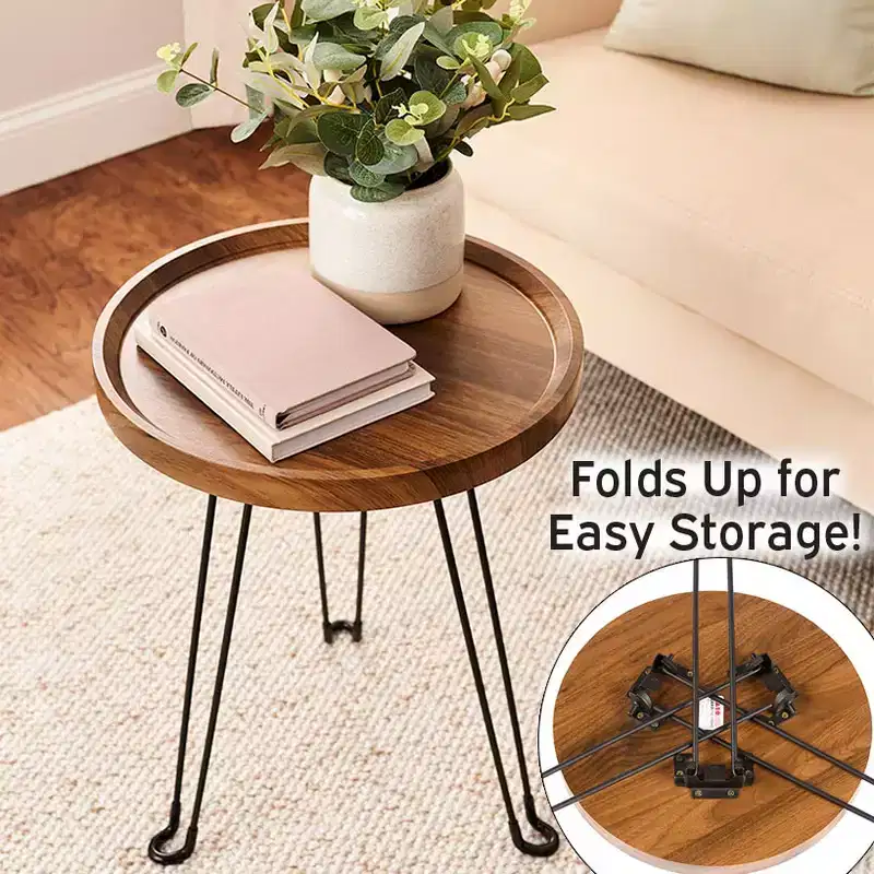 Round Wooden Side Table With Metal Foldable Legs - 15D