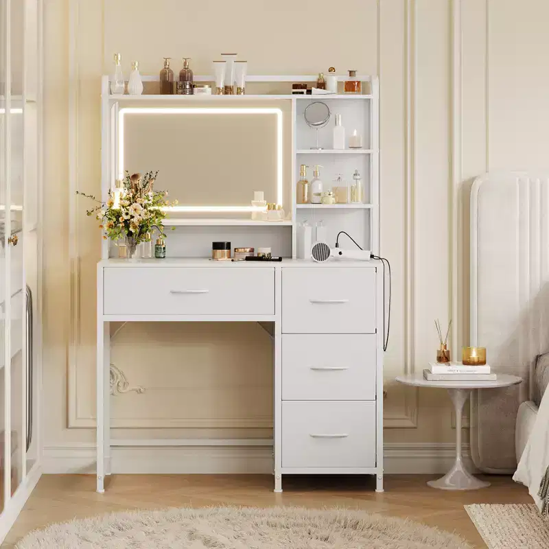 Vanity Desk with Mirror and Lights, 35.4 Makeup Vanity Table with 4 Fabric Drawers & Storage Shelves, Adjustable LED Lights,Vanity Table for Bedroom