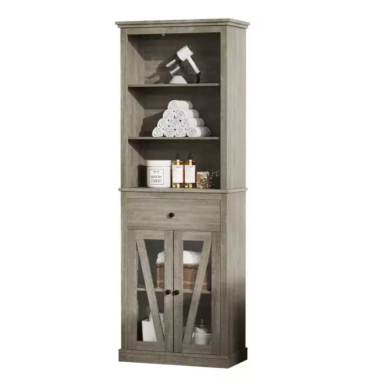 Farmhouse Storage Cabinet with Adjustable Shelves, Tall Bathroom Cabinet with Drawer for Living Room