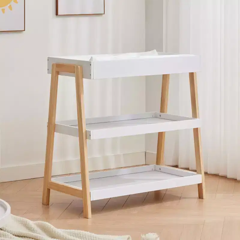 Portable Baby Changing Station, White & Wood, with Waterproof Pad & 2 Storage Shelves for Newborns