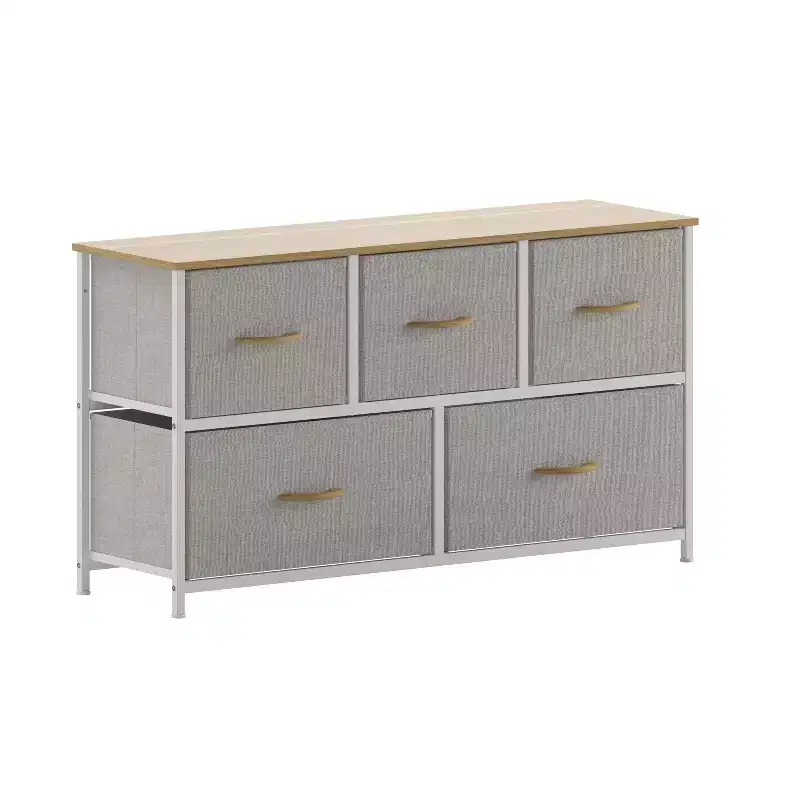 5 Drawer Storage Dresser with Cast Iron Frame, Wood Top and Easy Pull Fabric Drawers with Wooden Handles
