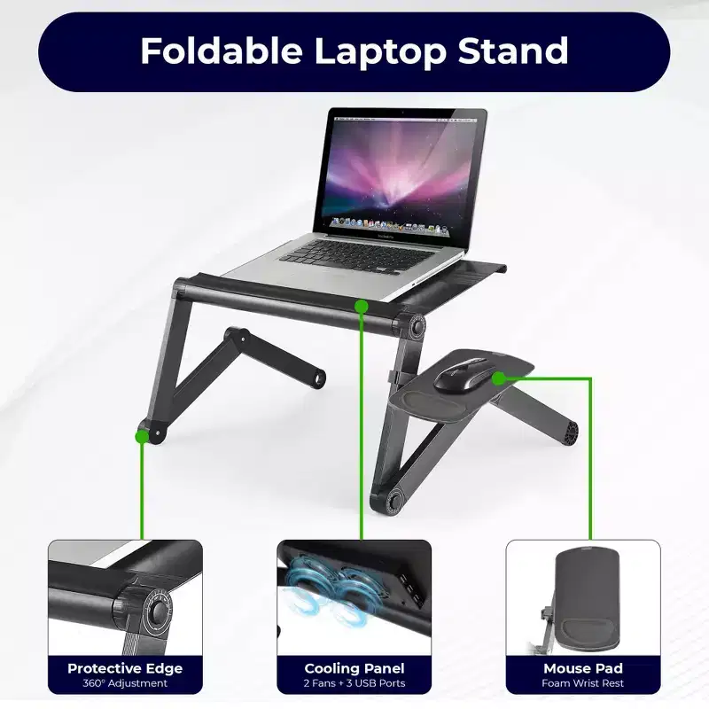 Adjustable Laptop Cooling Stand & Lap Desk Black - : Ergonomic, Aluminum, USB Ports