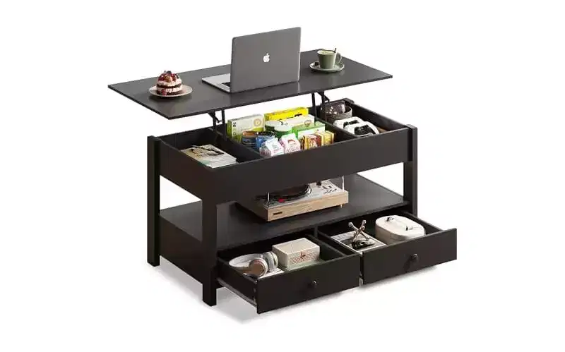 DEXYLLO Coffee Table, Lift Tabletop for Living Room & Dining Table, Lift Coffee Table with 2 Drawers, Large Storage and Open Shelf