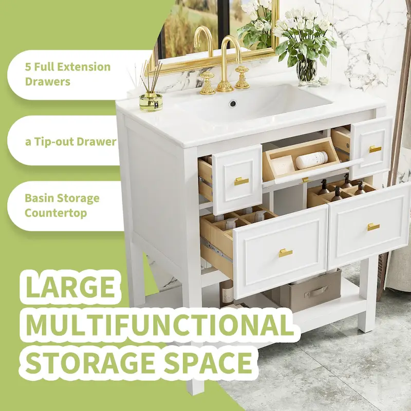 30 Bathroom Vanity with Ceramic Sink Combo, Free Standing Single Vanity Set with 5 Drawers