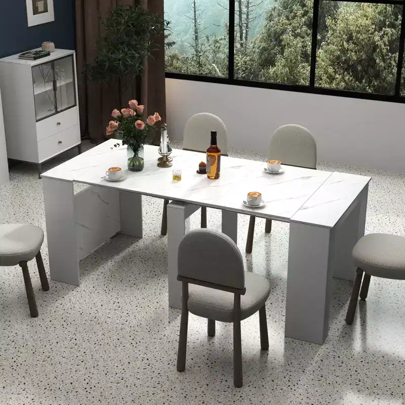 118IN Modern Extendable Dining Table with Marbal Painting, Folding Table Set for 6 Persons, Kitchen Table for Living Room, Dining Room, White
