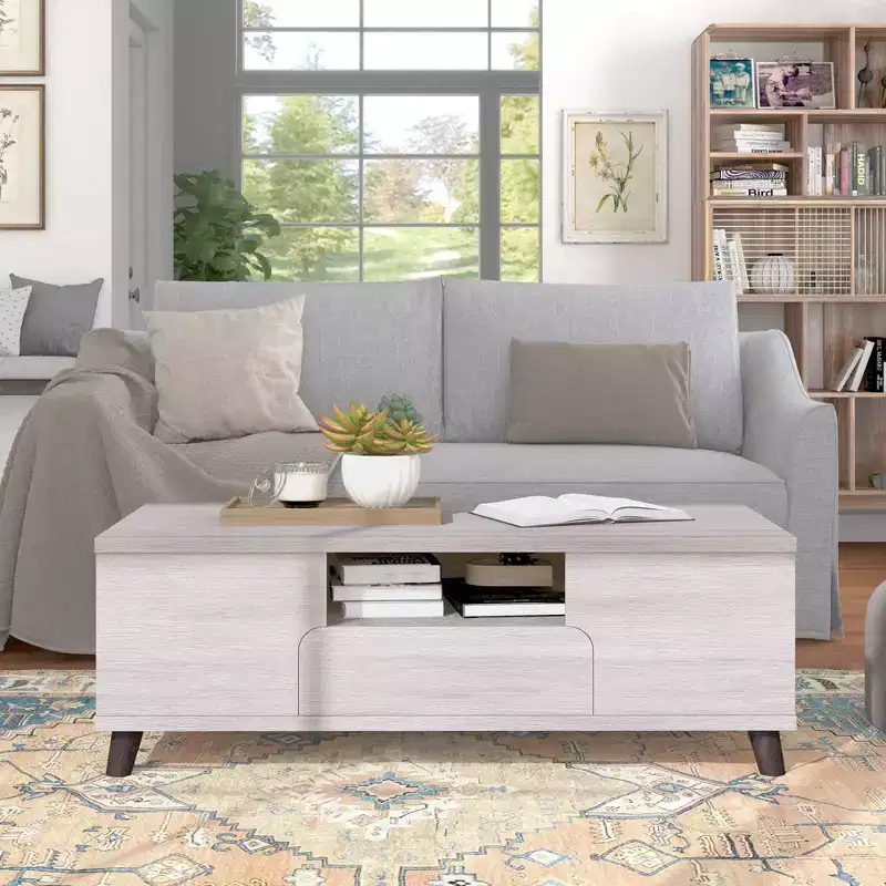 Frelmer 1 Drawer Coffee Table White Oak/Distressed Gray - miBasics: Mid-Century Modern, Flared Legs, Fixed Shelves