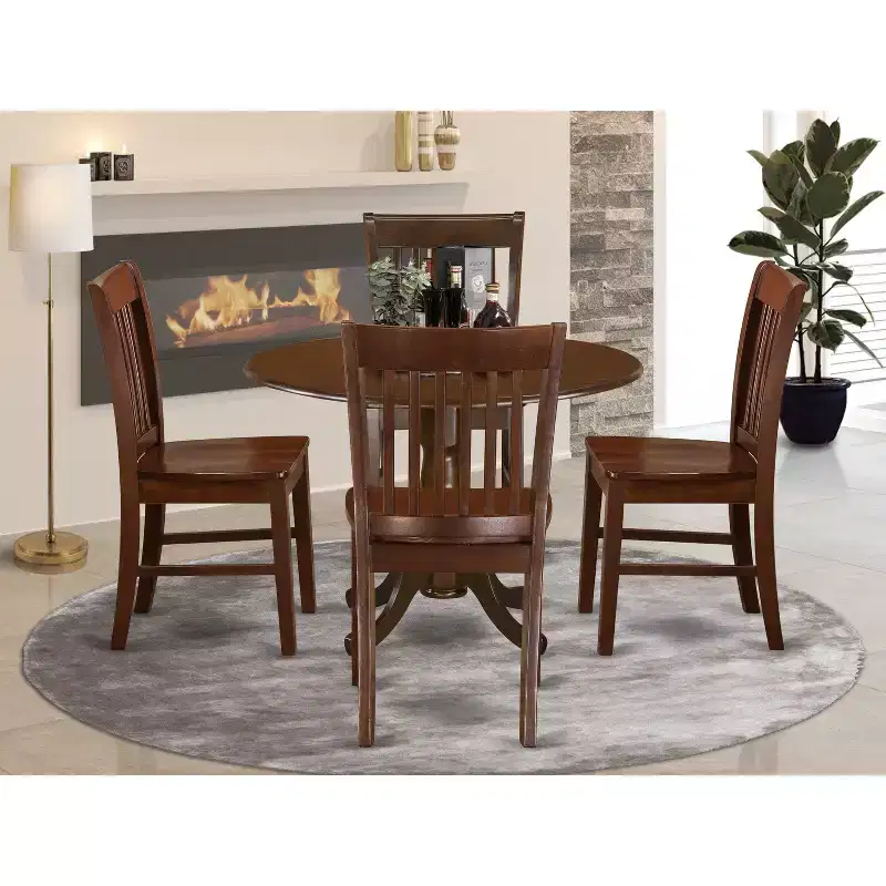Oak Round Drop-Leaf Dining Table Set for 4, Mahogany Finish