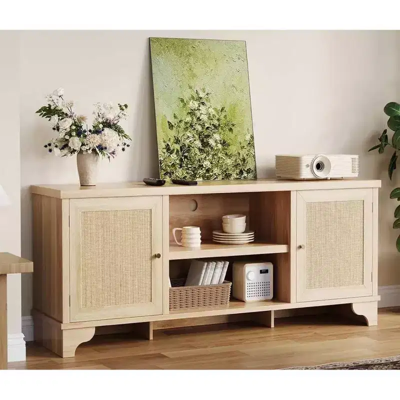 TV Stand 70 Inches,Rattan TV Stand for Living Room, Boho Entertainment Center , Wooden Console Cabinet with Storage and Shelf.