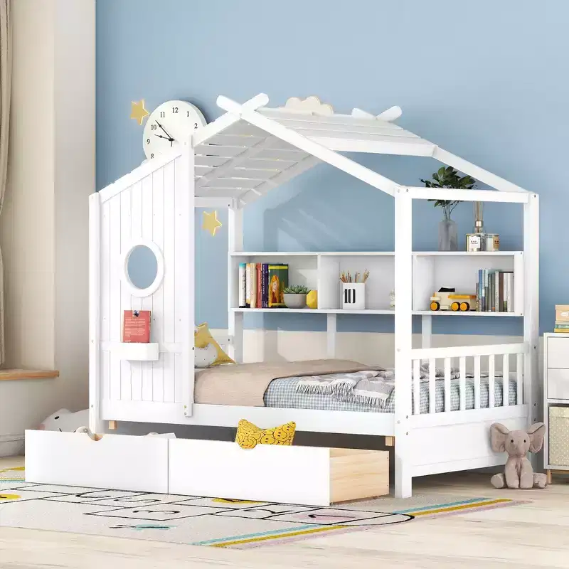 Wooden Twin House Bed with 2 Drawers and Storage Shelf for Kids, White