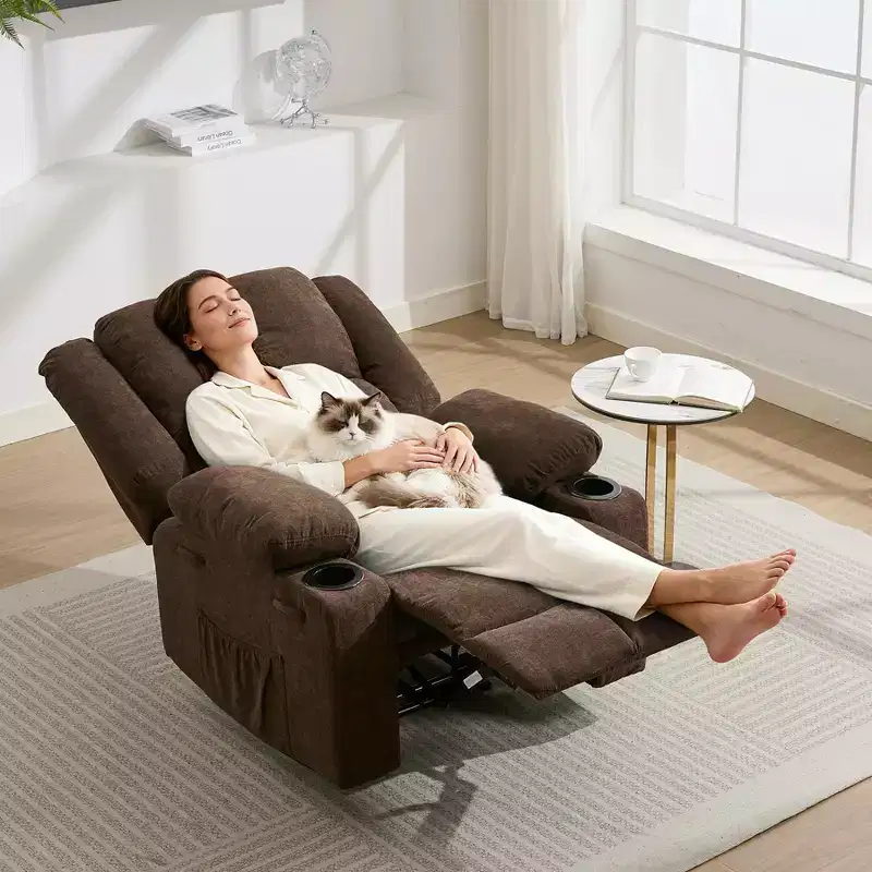 GustoWave Oversized Massage Recliner Chair with Heating for Adults, Fabric Manual Recliner Sofa with Side Pocket, Linen