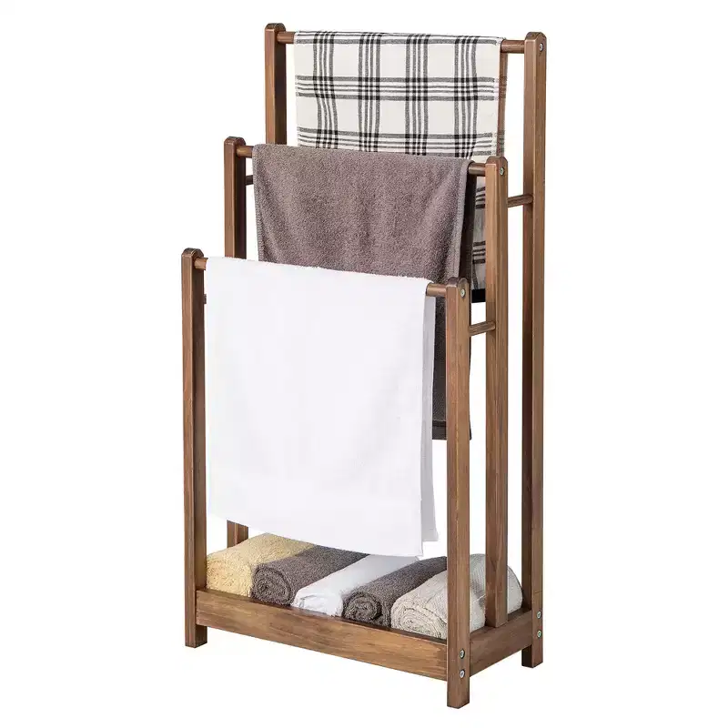Rustic Brown 3-Bar Freestanding Towel Rack with Bottom Shelf, 1-Person