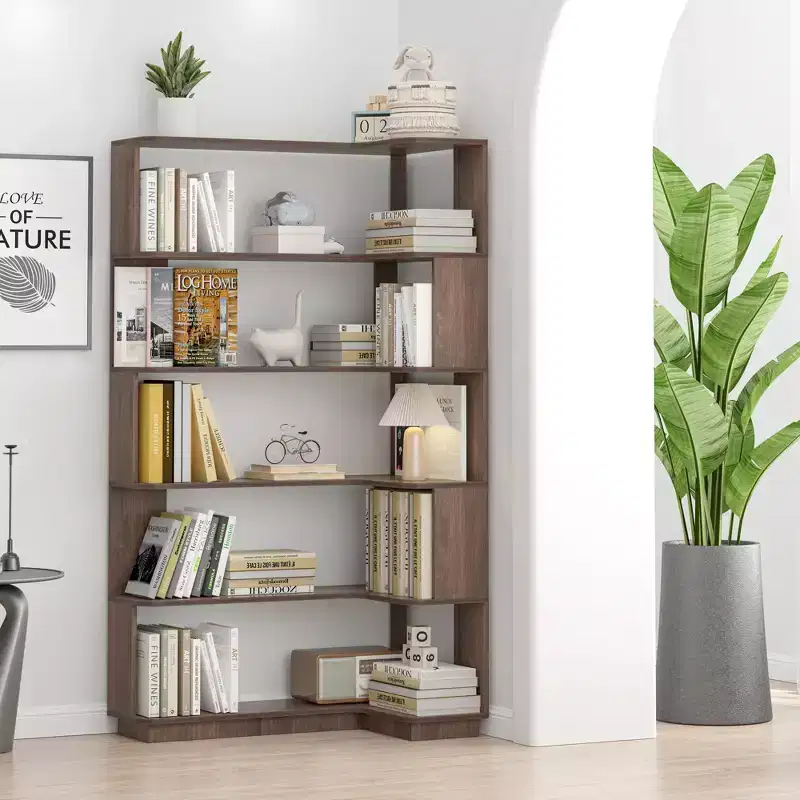 GDFStudio Tabbie 64H Freestanding Corner 5-Tier L-Shaped Bookshelf