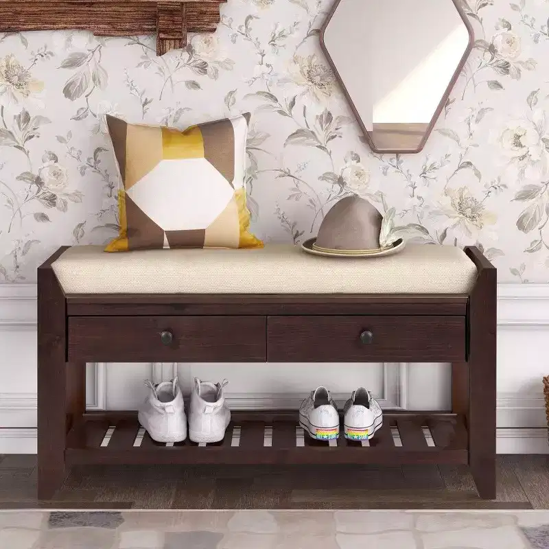 Solid Wood Shoe Storage Bench with 2 Drawers & Cushion, Multipurpose Entryway Organizer with Grid Rack Base, Espresso