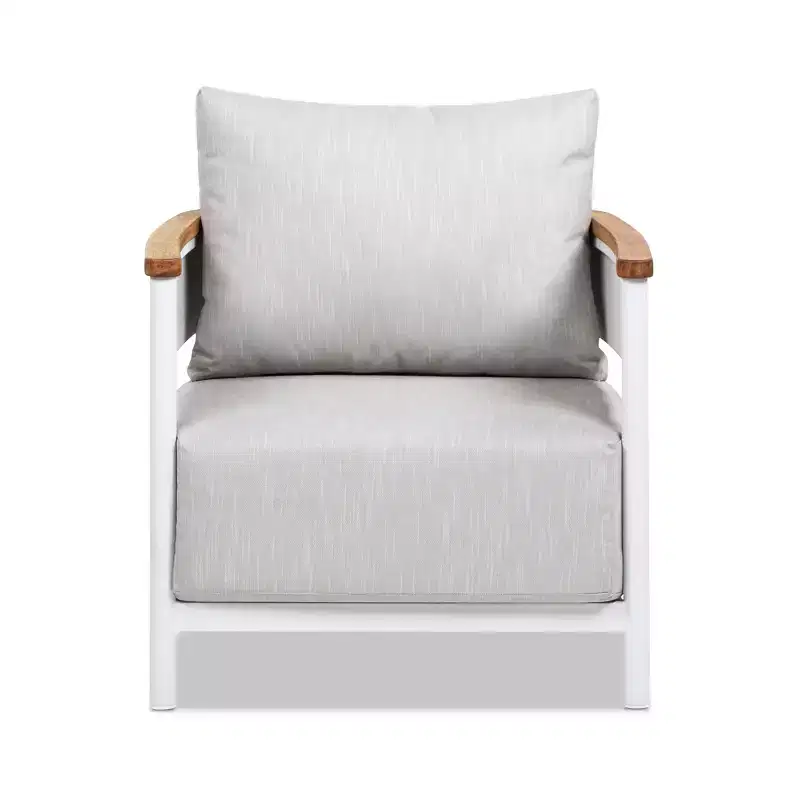 Jennifer Taylor Home Rhodes 29 Upholstered Teak & Aluminum Patio Arm Chair, Birch Gray Chenille