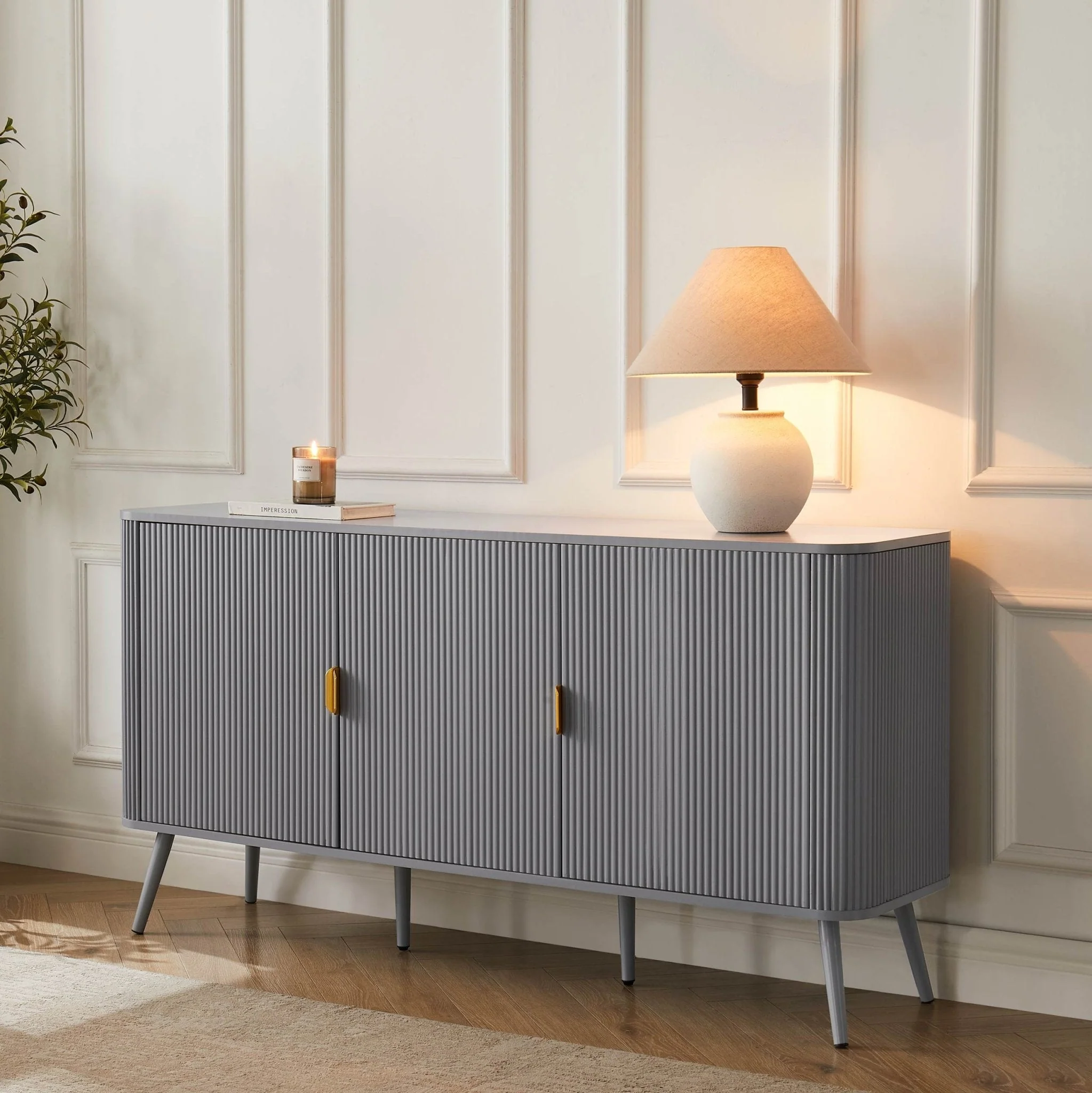 Contemporary Light Grey Wood Effect Sideboard with 3 Doors for Living Room