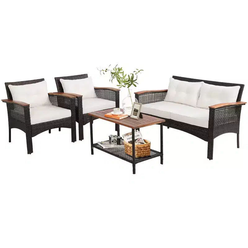 Costway 4PCS Patio Rattan Acacia Wood Furniture Set Cushion Sofa Armrest Deck