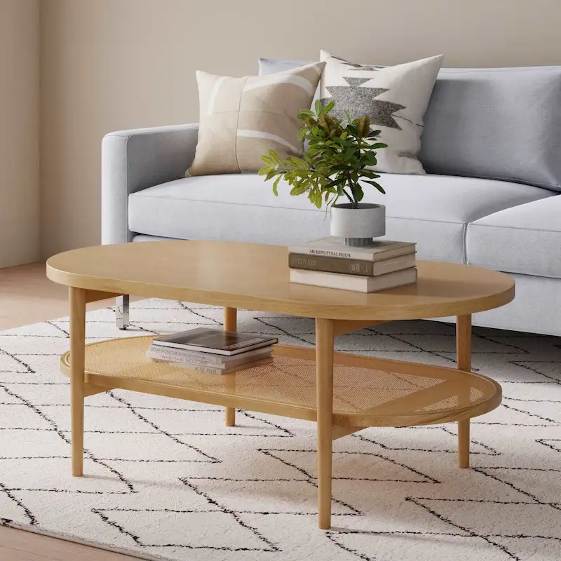 Nathan James Sonia Bohemian 2-Tier Oval Cane Coffee Table in Light Wood With Rattan Storage Shelf