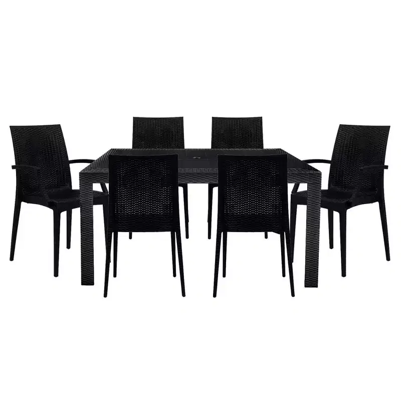 LeisureMod Mace Mid-Century 7-Piece Rectangular Outdoor Dining Set with 4 Side Chairs and 2 Armchairs