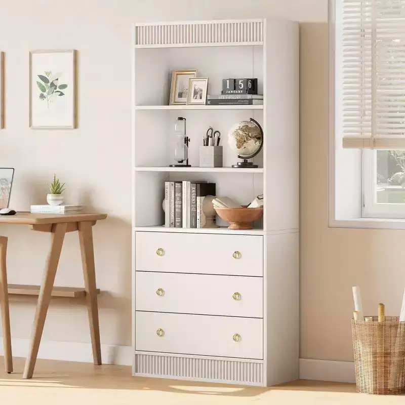 Living Room Bookshelf w/ Drawers, 70.8 Tall White Fluted Bookcase, 6 Tier Bookcase w/ Storage, 29.9 Wide Waved Wooden Book Shelf