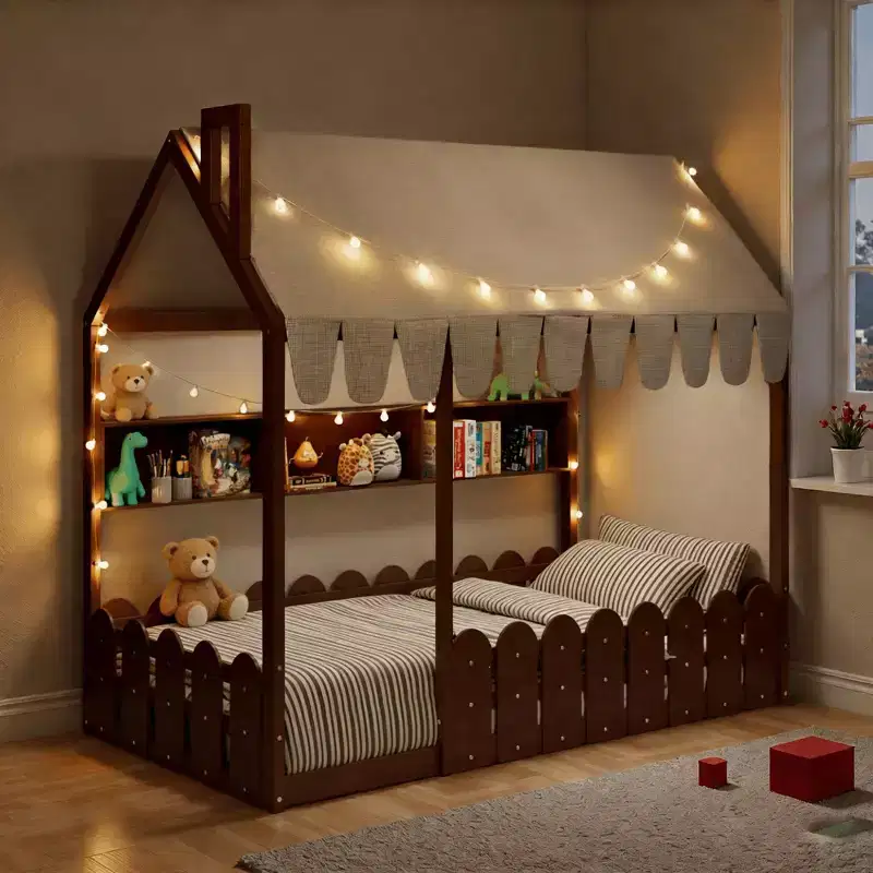 Luxystar Twin Size House Shape Floor Bed With Lighted Canopy, Storage Shelves and Fence