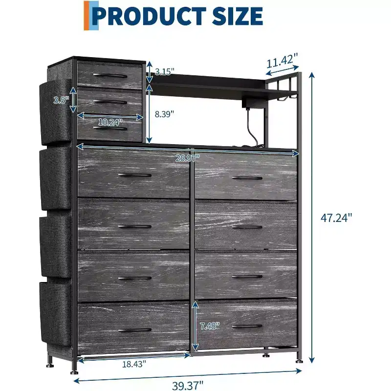 11 Drawer Dresser with Fabric Drawers Storage Cabinet with Shelves Side Pockets Hooks Charging Station Sturdy Metal Frame Wood Top for Living Room