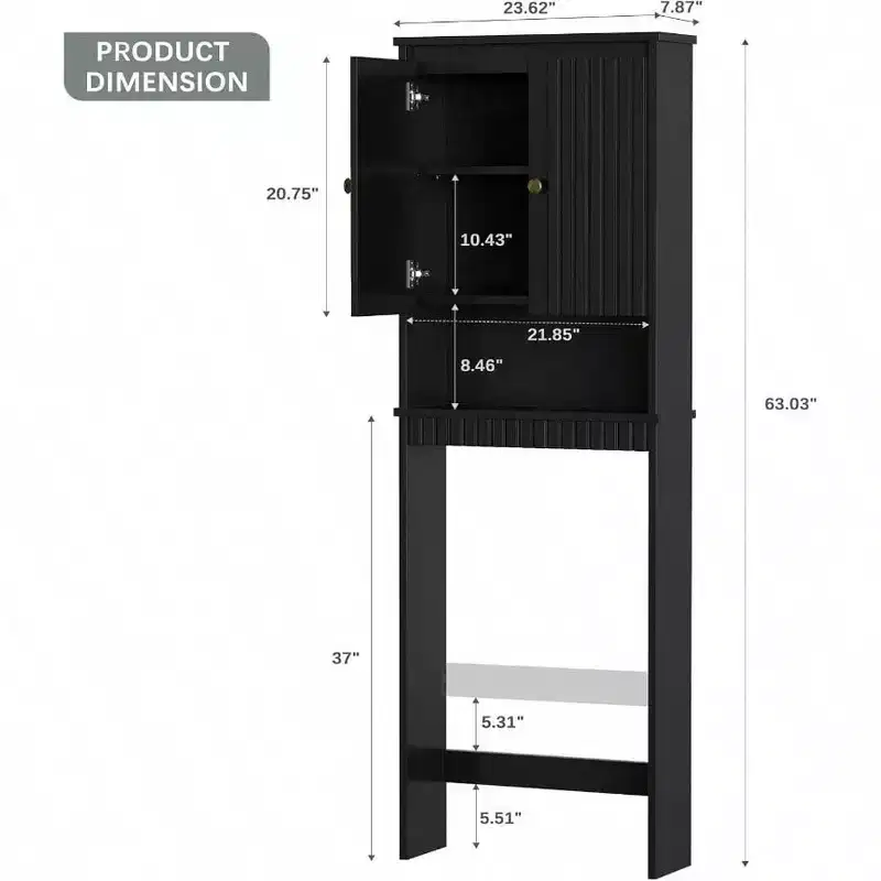 Over Toilet Storage Cabinet, Fluted Panel Doors, Soft Hinges, Black Bathroom Organizer, Space Saver Behind Toilet Rack