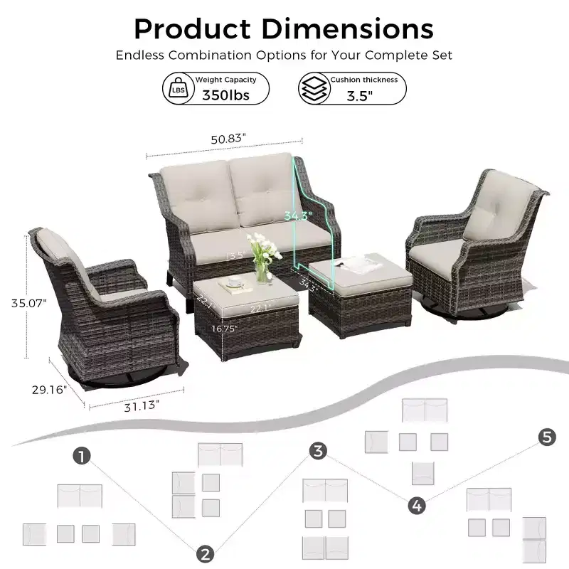 UPTIOT Modular Outdoor Set: 2-Seater Sofa, 2 Rockers & 2 Ottomans for Flexible Patio Comfort