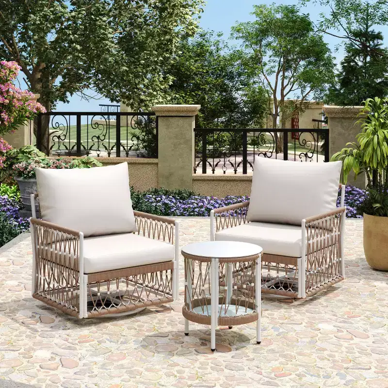 Modern Boho Outdoor Furniture Set, 3-Piece Swivel Patio Chairs with Steel Frame & Glass Side Table for Backyard or Poolside-Panipeachy