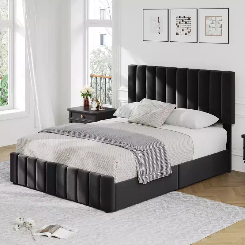 King Size Bed Frame with Upholstered, Platform Bed Frame with Storage Drawers, Adjustable Height Headboard, Easy to Assemble