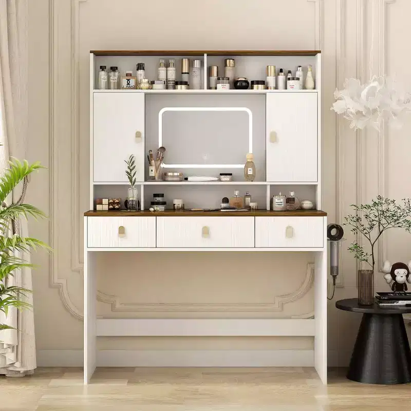 Dressing Table with Lighted Mirror, 43 Inch Wide Makeup Vanity Set with 3 Drawers & Hair Dryer Holder