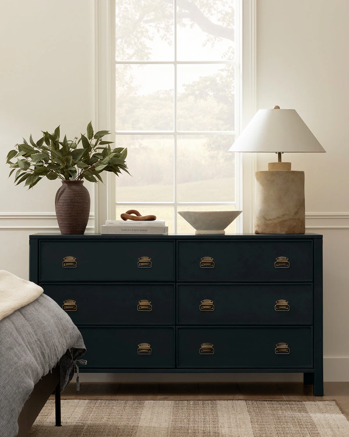 Modern Walnut Dresser with Curved Front & Brass Pulls for Bedroom