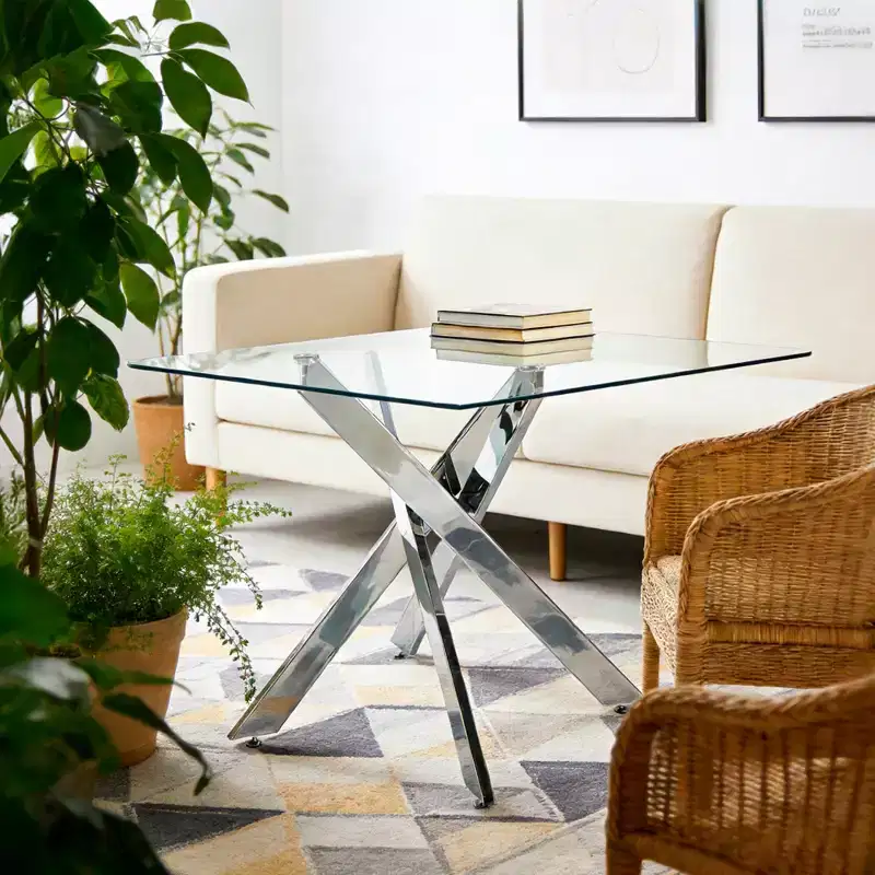 Dining Table with Cross Metal Leg and Tempered Glass Top, 90x90x75cm, Modern Space-Saving Design for Kitchen or Living Room