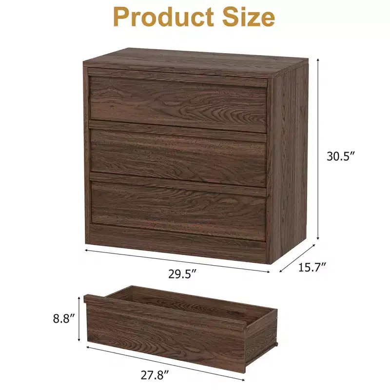 3-Drawer Dresser for Bedroom, Walnut Nightstand with Large Storage