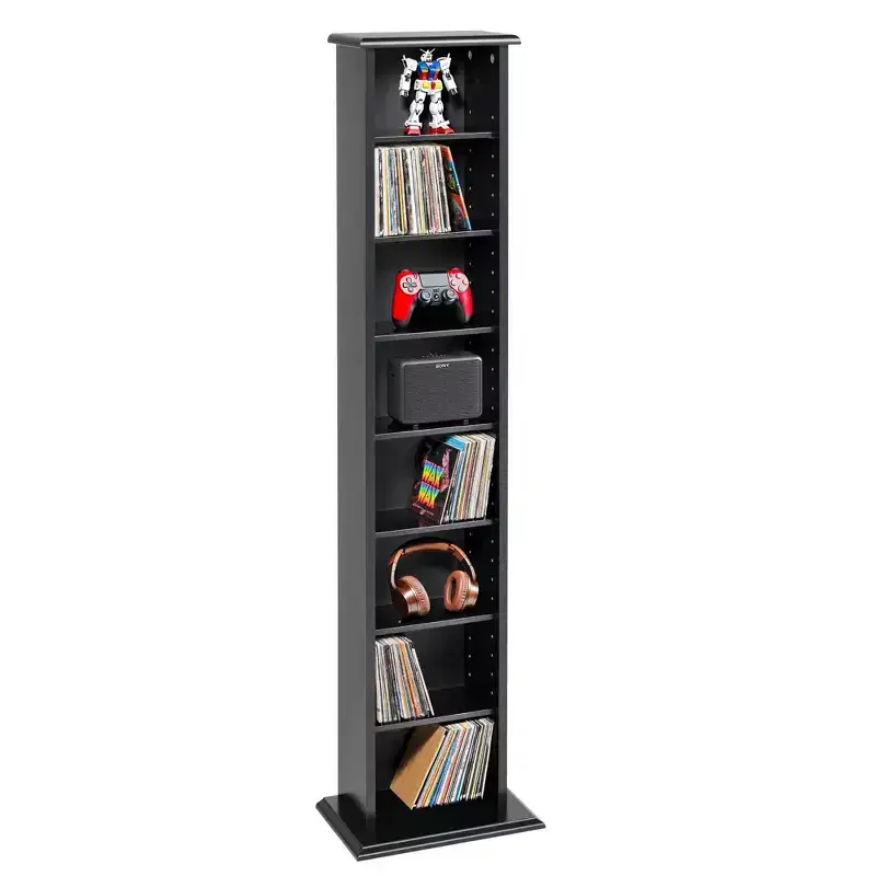 Slim Multimedia Storage Tower Black: Modern Media Cabinet with Adjustable Shelves, Holds 160 CDs, 65 DVDs