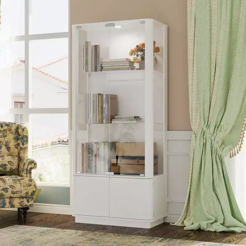 White Display Cabinet with Tempered Glass & Top Spotlight,Minimalist Bookcase,Collectibles Display & Storage,for Home Office/Study/Living Room