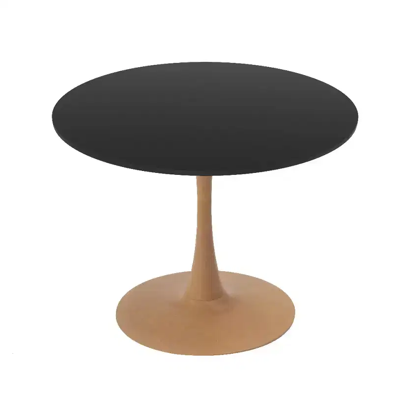 LeisureMod Bristol Round Dining Table  MDF Top with Natural Wood Steel Pedestal Base, Modern Kitchen & Dining Room Table, Accent Table
