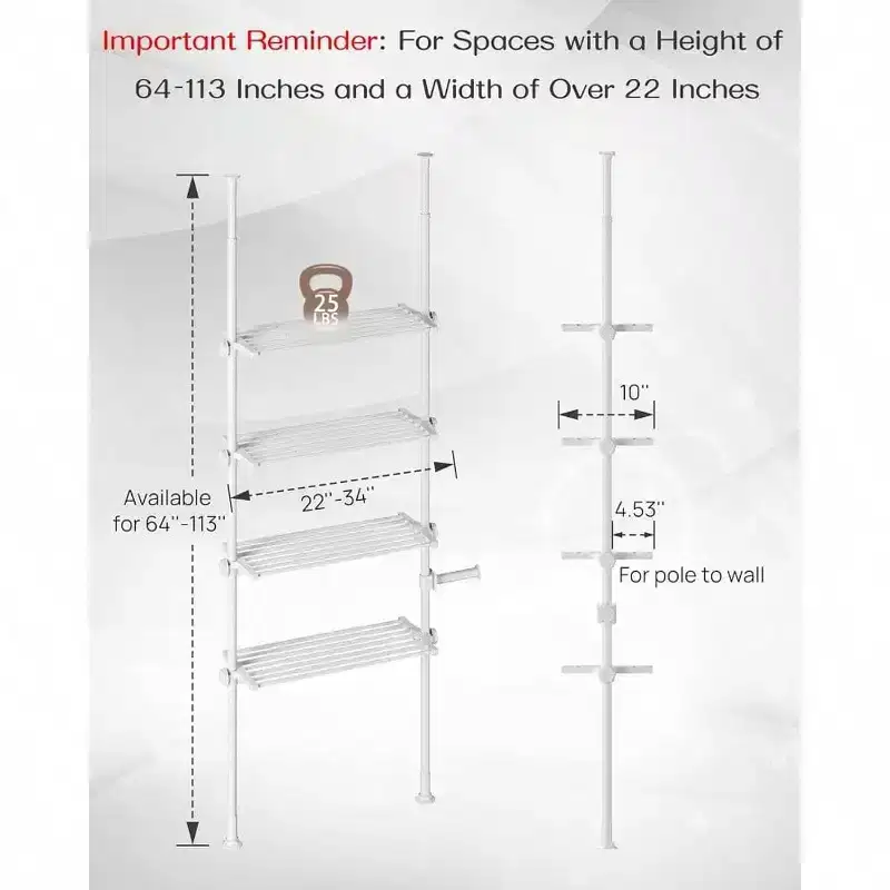 Adjustable Over Toilet Storage Shelf 4 - Tier Bathroom Organizer White Tension Mounted Ample Storage Fits 64 - 113 Inch Heights