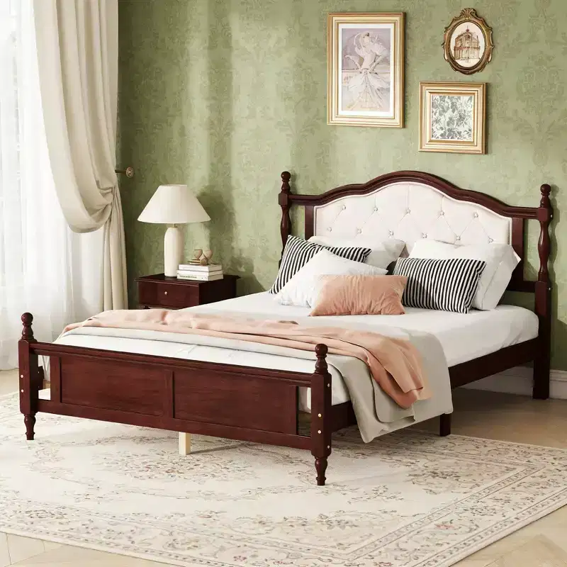 Queen Size Vintage Platform Bed with Upholstered Headboard and Panel Footboard