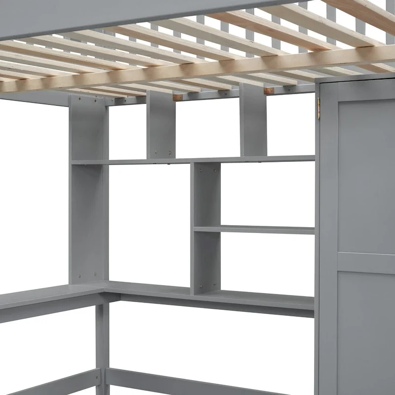 Full Loft Beds Stairway Loft Bed Frame with Wardrobe, Desk, Bookshelf and Drawers