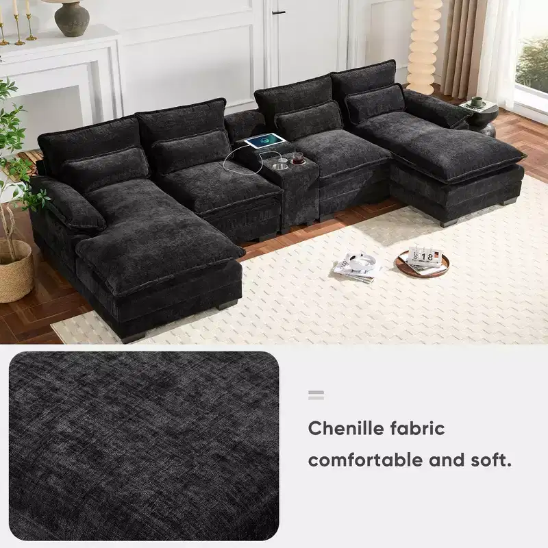 Whisen Modern Design Chenille U-shaped Sectional Sofa with Cup Holders and USB Charger
