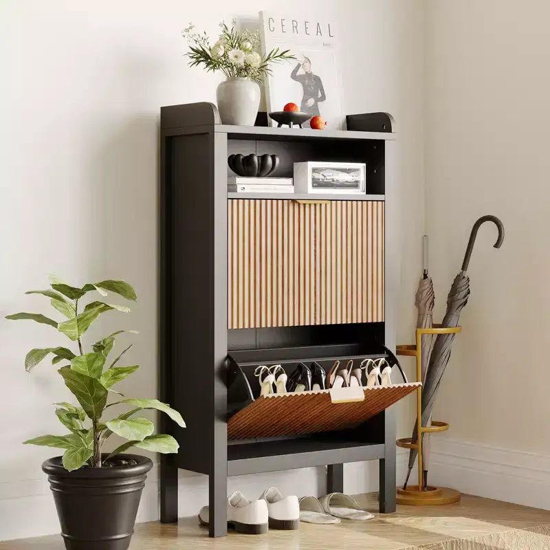 Acekool Slim Shoe Cabinet with 2 Flip Drawers and Open Shelves for Entryway Bedroom