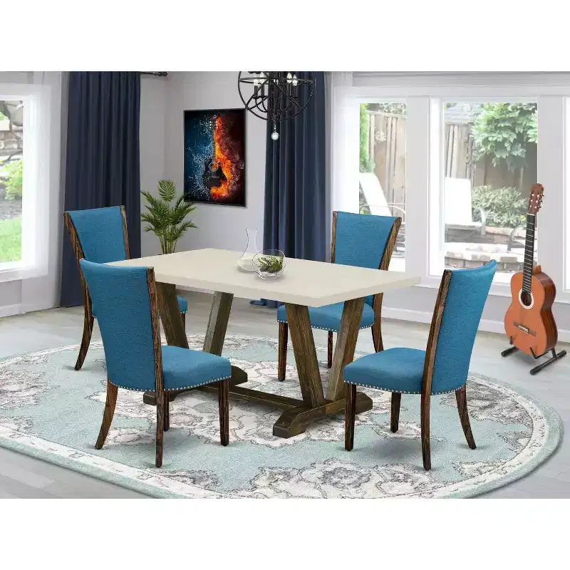 5-Piece Distressed Jacobean Finish Solid Wood Top Dining Table with 4 Parson Chair