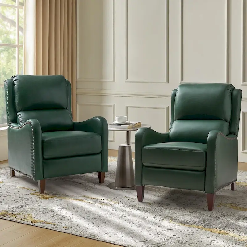 Brigida Modern Genuine Leather Nailhead Trim Recliner with Adjustable Footrest Set of 2 by HULALA HOME