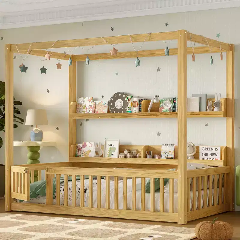 Twin/Full Montessori Floor Bed Canopy Bed Frame with Built-in Shelves & Safety Guardrails - ModernLuxe