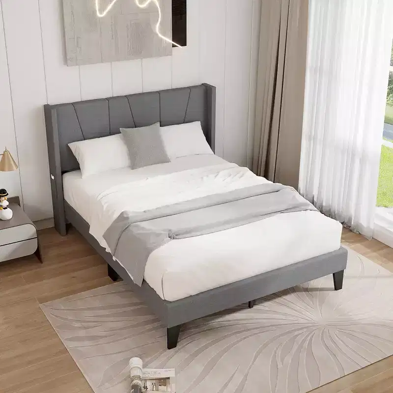 Full Size Upholstered Bed Frame w/ Elastic Pockets Mattress Foundation Gray