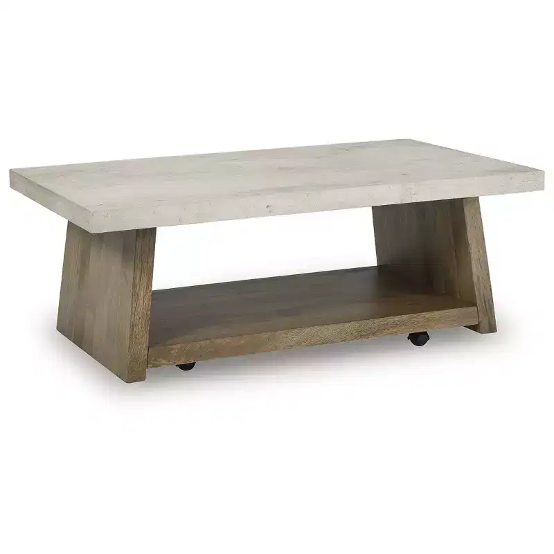 Coffee Table - Light Brown Wood with Faux Cement Top, Rolling Casters, Bottom Shelf Storage