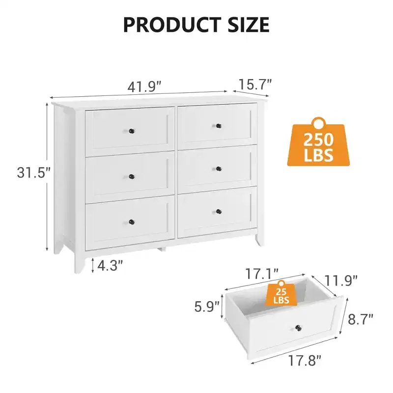 GustoWave 6 Drawer Dresser, Modern Chest of Drawers with Round Handle and Sturdy Leg
