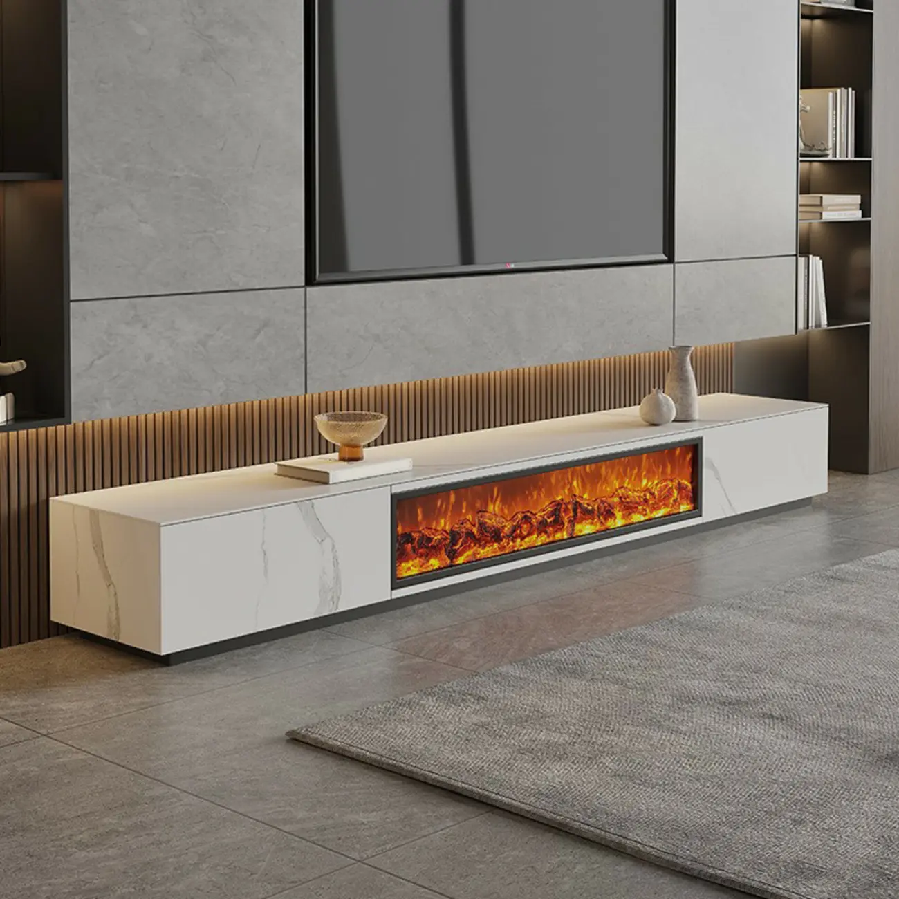 87 Rectangle Black Electric Fireplace Stone TV Stand with Light