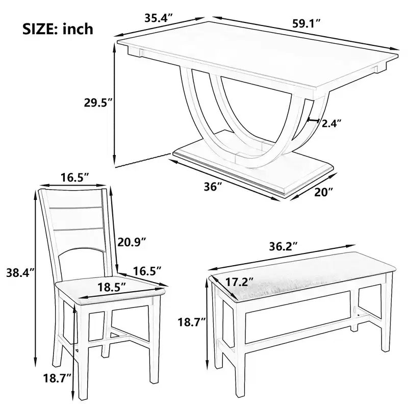 GDFStudio Timo 6 Piece Rubbewood Dinnig Set with Half Round Dining Table, Bench and 4 Chairs