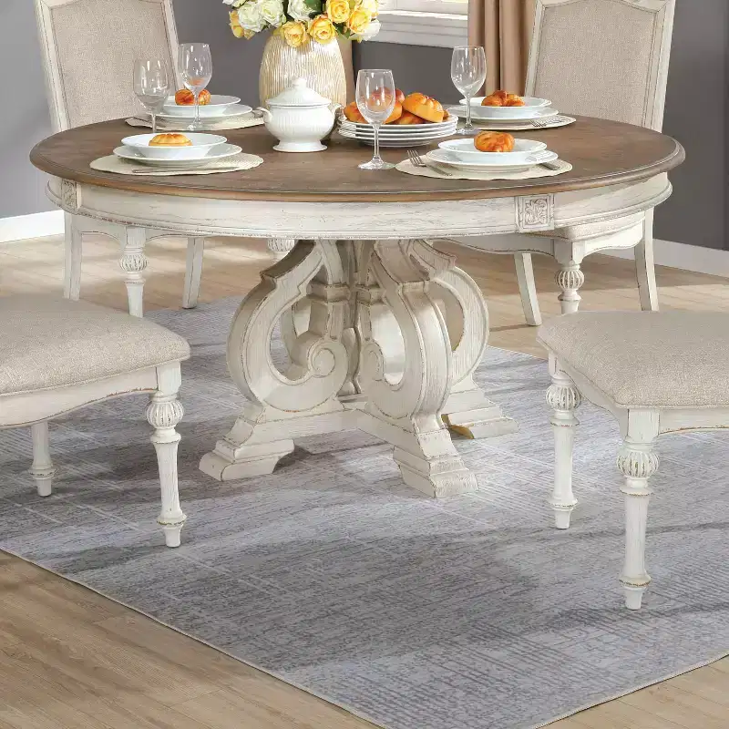 Round Dining Table White - Cottage Chic, Seats 6, Pedestal Base